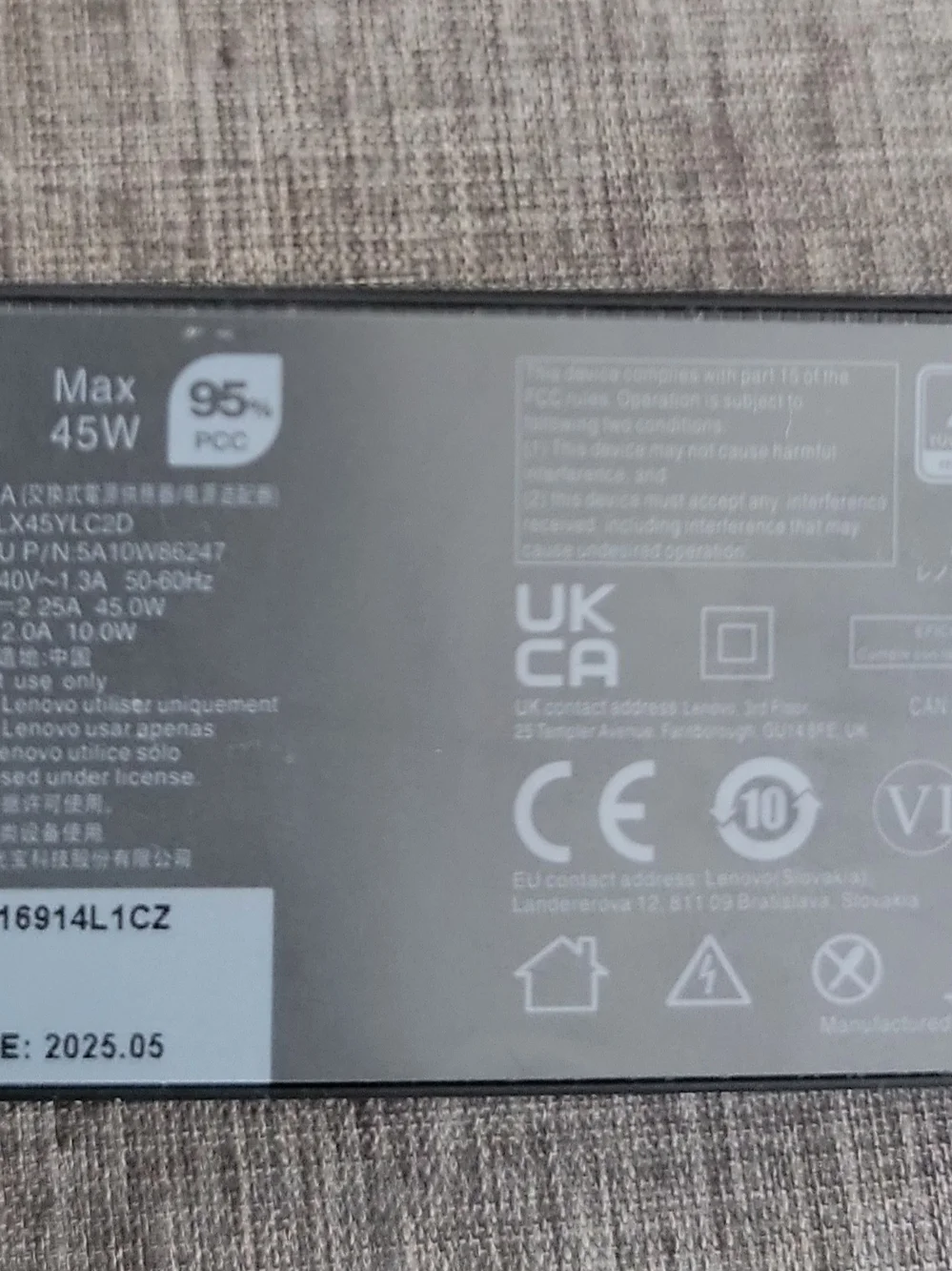 Authentic Lenovo ADLX45YLC2D 45W AC Charger for Lenovo Thinkpad Laptop USB-C